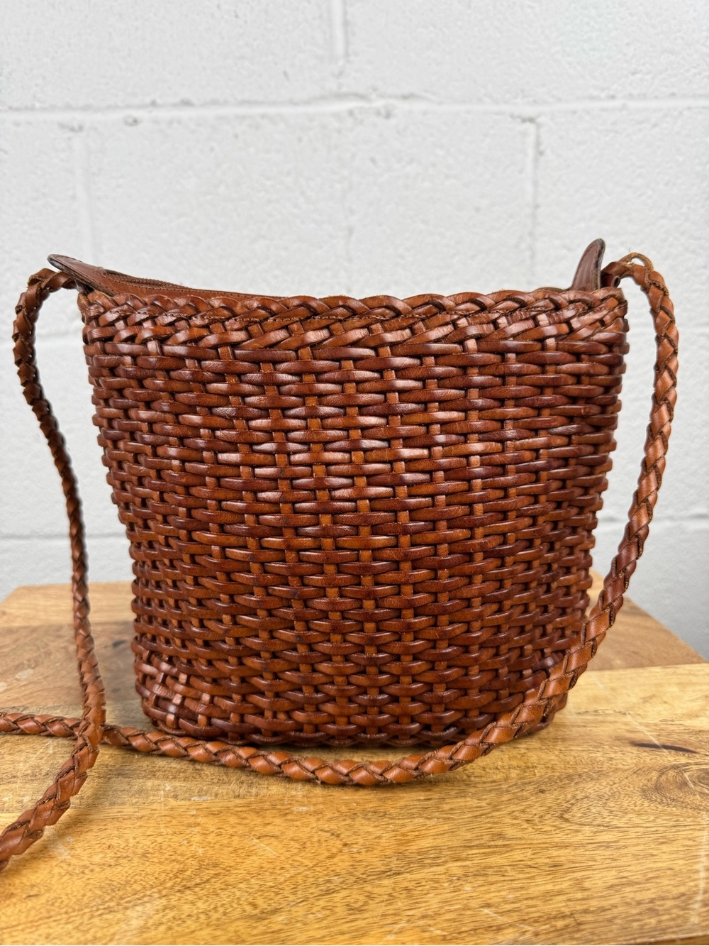 Vintage Ellepi Woven Leather Crossbody Bag Brown Handmade Italy Boho
